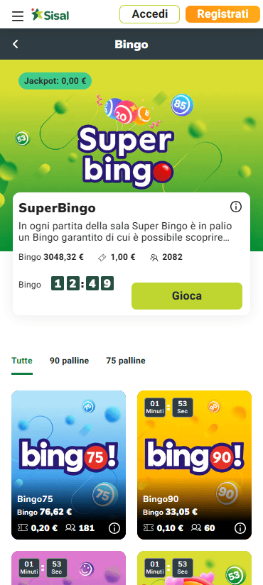 Interfaccia della Sisal app mobile